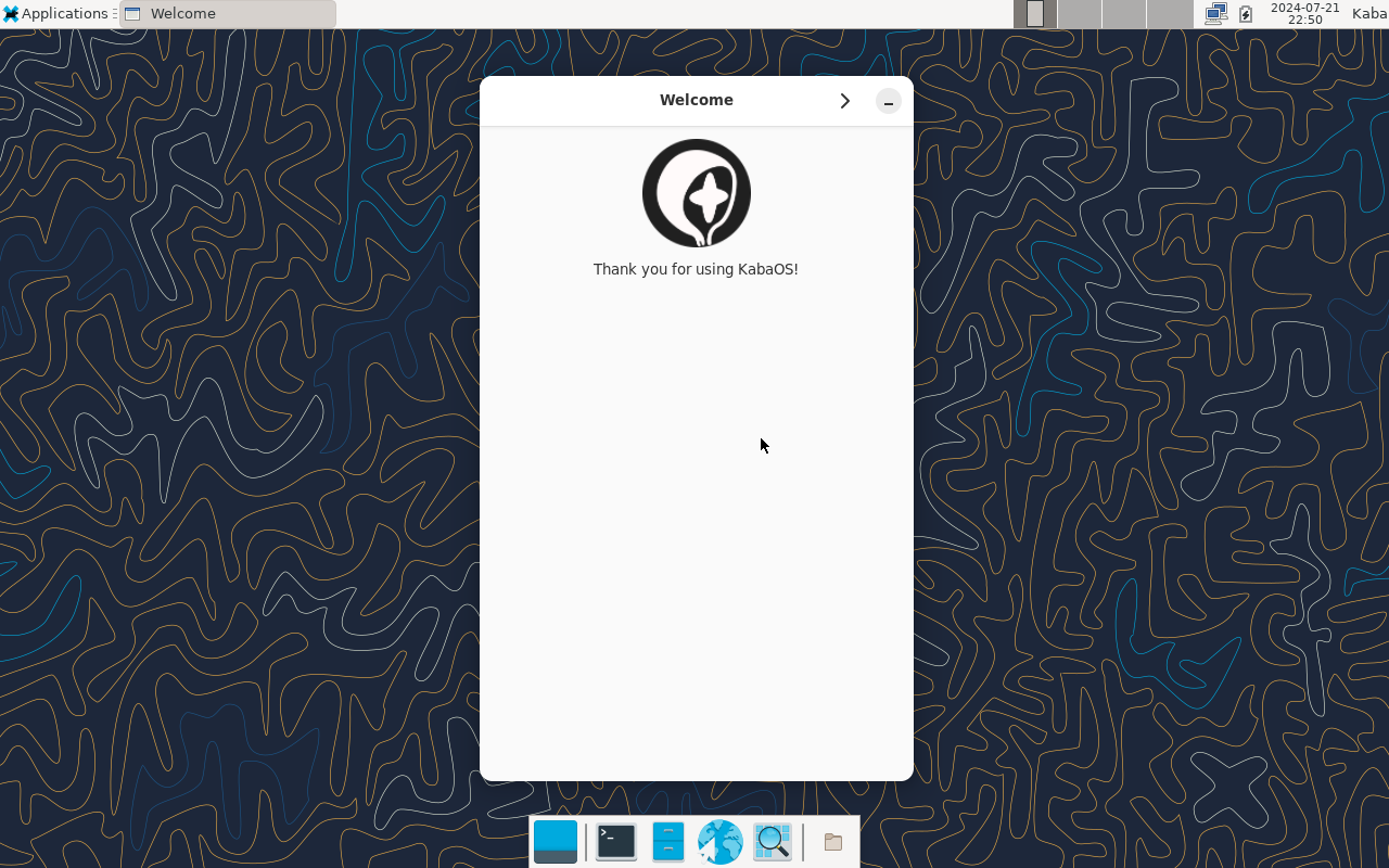 KabaOS once you boot it up. It shows the desktop environment and the welcoming program.